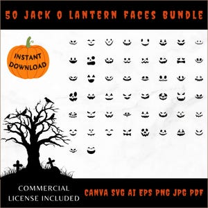 Pumpkin Faces SVG Bundle Cut Files PNG EPS Dxf | 50 Jack O Lantern ...