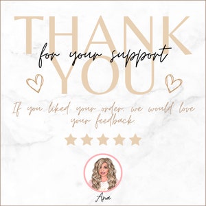 K&ouml;nnte beinhalten: Vielen Dank f&uuml;r Ihre Unterst&uuml;tzung. Wenn Ihnen Ihre Bestellung gefallen hat, w&uuml;rden wir uns &uuml;ber Ihr Feedback freuen. Unter dem Text sind f&uuml;nf goldene Sterne abgebildet. Eine Frau mit langen blonden Haaren ist in einem rosa Kreis abgebildet, unter dem Kreis steht der Name Ana.