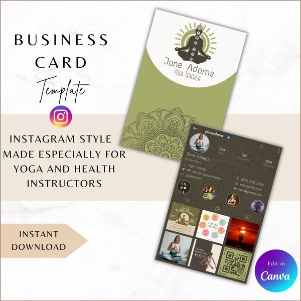 Instagram business card, IG Canva template, QR code editable,  yoga teacher green brown, health coach, digital mandala alternative medicine