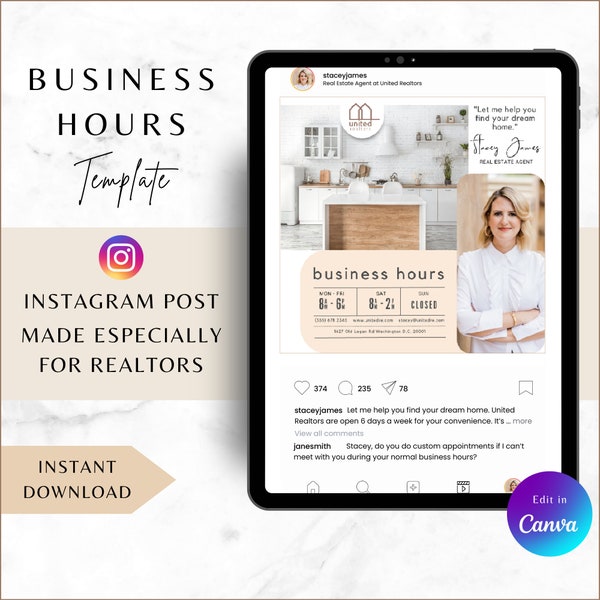 Realtor opening hours Instagram template, Real estate agent Canva post, square business social media design, editable digital online graphic