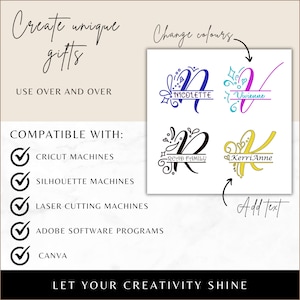 K&ouml;nnte beinhalten: Eine digitale Designvorlage zum Erstellen personalisierter Geschenke. Das Design zeigt ein dekoratives Initial mit einem Banner zum Hinzuf&uuml;gen eines Namens oder Textes. Die Vorlage ist kompatibel mit Cricut, Silhouette, Laserschneidemaschinen, Adobe-Softwareprogrammen und Canva. Das Bild zeigt Beispiele des Designs in verschiedenen Farben und mit verschiedenen Namen.