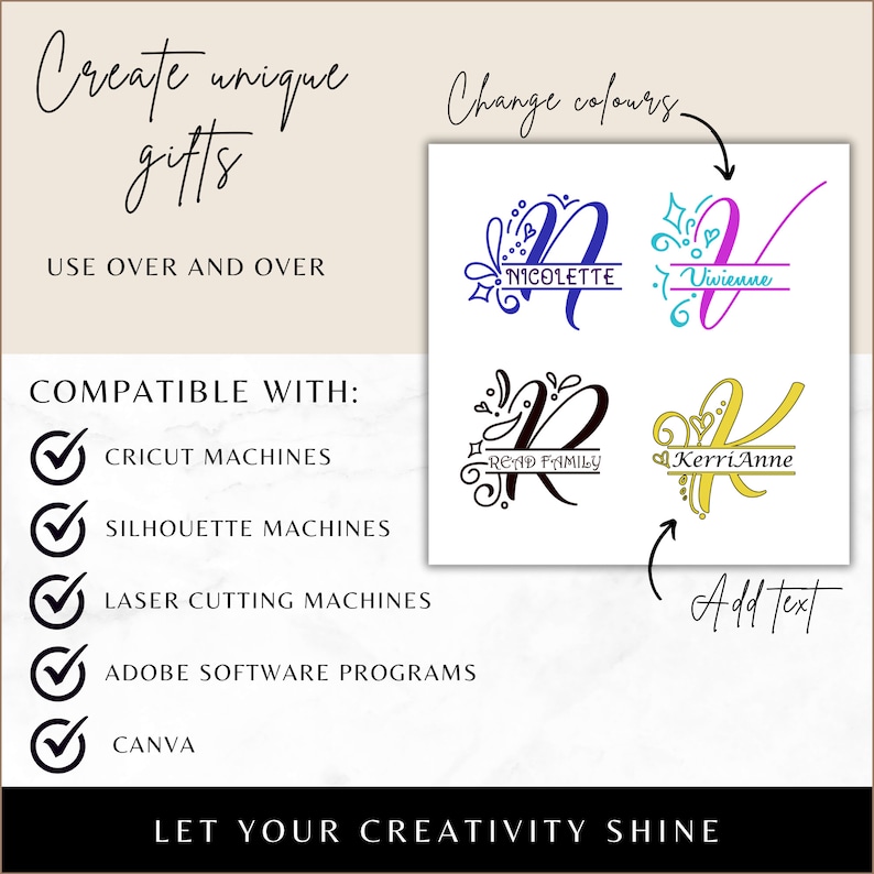 K&ouml;nnte beinhalten: Eine digitale Designvorlage zum Erstellen personalisierter Geschenke. Das Design zeigt ein dekoratives Initial mit einem Banner zum Hinzuf&uuml;gen eines Namens oder Textes. Die Vorlage ist kompatibel mit Cricut, Silhouette, Laserschneidemaschinen, Adobe-Softwareprogrammen und Canva. Das Bild zeigt Beispiele des Designs in verschiedenen Farben und mit verschiedenen Namen.