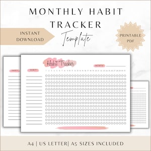 Planificador diario de seguimiento de hábitos mensuales, tamaño A4, carta y A5, descarga digital instantánea