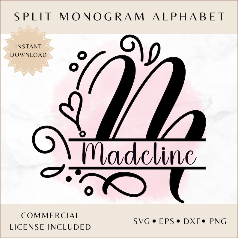 K&ouml;nnte beinhalten: Geteiltes Monogramm-Alphabet-Design mit dem Buchstaben "M" mit einer dekorativen Verzierung und dem Namen "Madeline" in einer Schreibschrift unter dem Buchstaben. Das Design ist vor einem rosa Aquarellhintergrund platziert.
