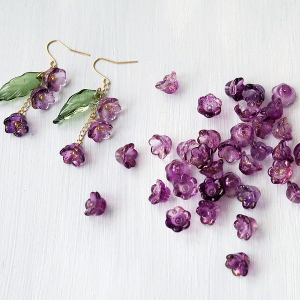 20 PCS Bell Flower Beads. violet with gold glitter lily of the valley flower bead. trumpet flower beads. earrings jewelry making supply