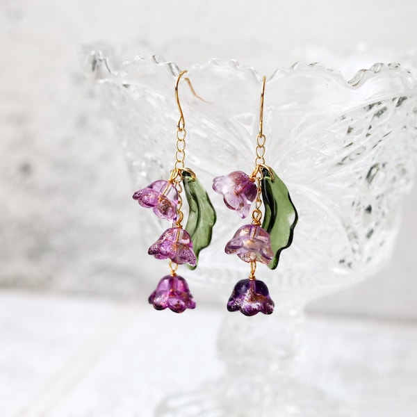 Bell Flower Earrings. lily of the valley dangle earrings. violet bell flower earrings. little bell flower earrings. everyday flower earrings