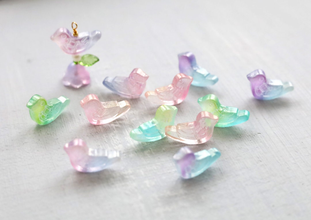 10 PCS 20mm Bird Beads. Glass Bird Bead. Gold Shimmer Bird Beads