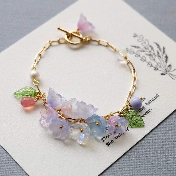 Bell Flower Bracelet. lily of the valley flower bracelet. pastel glass flower bracelet. garden jewelry. gift for her