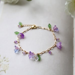 Bell Flower Bracelet. lily of the valley flower bracelet. purple glass flower bracelet. garden jewelry. gift for her