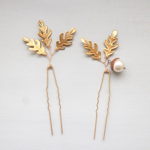 Oak Leaves and Acorn Hair Pins. gold oak leaf and acorn hair accessory. autumn frost hair pins. woodland jewelry