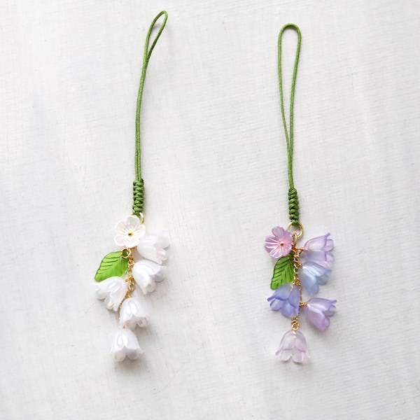 Flowers Phone Charm Strap. lucite acrylic bell flowers. lily of the valley phone charm. phone accessories. flower pendant