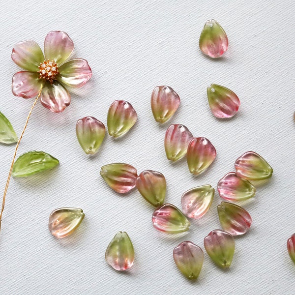 20 PCS Flower Petal Beads. pink and green glass petal beads. 5 petals flower beads. jewelry making supply.