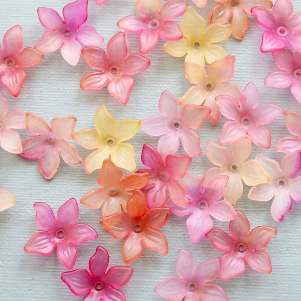 30 PCS Pink Orange Frosted Flower Beads. frosted acrylic flower beads. rainbow mix lucite flower bead caps. earrings jewelry making