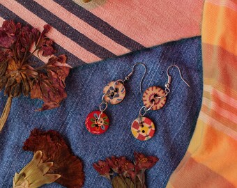 wooden button indie dangle earrings