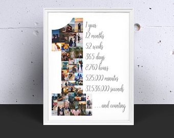 May include: A white framed photo collage of a number one made of photos. The text below the collage reads "1 year, 12 months, 52 weeks, 365 days, 8760 hours, 525,000 minutes, 31,536,000 seconds... and counting."