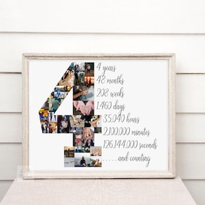 May include: A framed print featuring a collage in the shape of the number 4. The collage is composed of numerous small photos. Text on the print lists the time elapsed: 4 years, 48 months, 208 weeks, 1,460 days, 35,040 hours, 2,100,000 minutes, and 126,144,000 seconds.