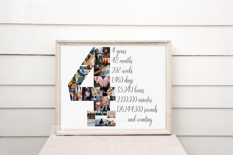 May include: A framed print featuring a collage in the shape of the number 4. The collage is composed of numerous small photos. Text on the print lists the time elapsed: 4 years, 48 months, 208 weeks, 1,460 days, 35,040 hours, 2,100,000 minutes, and 126,144,000 seconds.