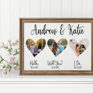 K&ouml;nnte beinhalten: Ein gerahmtes Fotocollage mit drei herzf&ouml;rmigen Ausschnitten, die jeweils ein anderes Foto zeigen. Der Rahmen ist braun, und der Text "Andrew & Katie" steht &uuml;ber den Fotos. Darunter stehen die S&auml;tze "Hello...", "Will You?" und "I Do..." mit Daten.