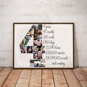 May include: A framed print with a brown border, featuring the number "4" composed of various photos. Text on the right side lists time increments: 4 years, 48 months, 208 weeks, 1,460 days, 35,040 hours, 2,100,000 minutes, 126,144,000 seconds, and "...and counting."