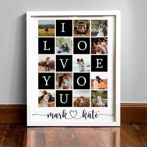 May include: A white framed photo collage with black squares spelling out "I LOVE YOU" with photos of a couple in each square. The bottom of the photo reads "mark &hearts; kate".