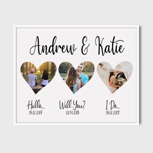 K&ouml;nnte beinhalten: Ein gerahmter Druck mit drei herzf&ouml;rmigen Fotoausschnitten, die Bilder eines Paares zeigen. Der Druck enth&auml;lt die Namen "Andrew & Katie" und die S&auml;tze "Hello...", "Will You?" und "I Do..." mit Daten.