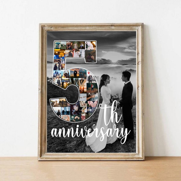 Custom 5th Anniversary Gift for Husband, Number 5 Year Picture Collage, 5 Year Anniversary Gift for Boyfriend, Fifth Anniversary Collage Art
