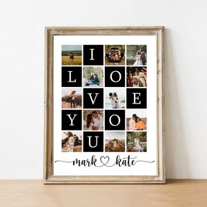 May include: A framed collage of photos spelling out "I LOVE YOU" with a heart and the names "mark" and "kate" written below.