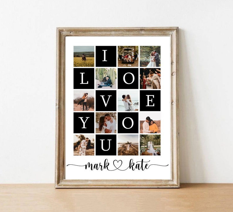 May include: A framed collage of photos spelling out "I LOVE YOU" with a heart and the names "mark" and "kate" written below.