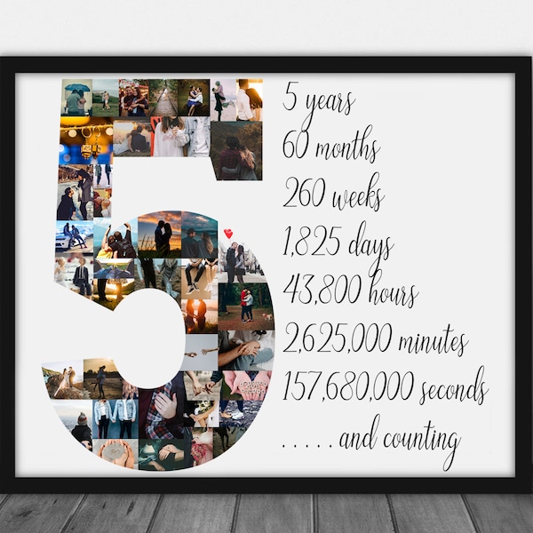 Custom 5th Anniversary Gift for Her, 5 Year Anniversary, Fifth Anniversary, 5th Anniversary Wood, Number 5 Photo Collage, 5 Years Together