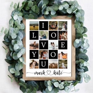 May include: A black and white photo collage spelling out the words "I LOVE YOU" in large letters. The collage is made up of 16 smaller photos of a couple in various poses. The photos are arranged in a grid pattern. The text "mark &hearts; kate" is written below the collage.