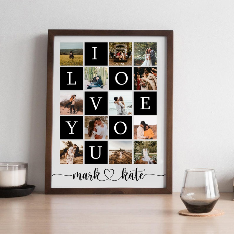 May include: A framed photo collage with a black and white grid of photos spelling out "I LOVE YOU" with the names "mark kate" and a heart symbol at the bottom.