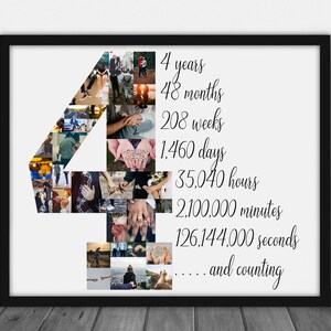 May include: A framed print featuring a collage of photos arranged in the shape of the number four. The print includes text indicating the passage of time: 4 years, 48 months, 208 weeks, and more. The frame is black.