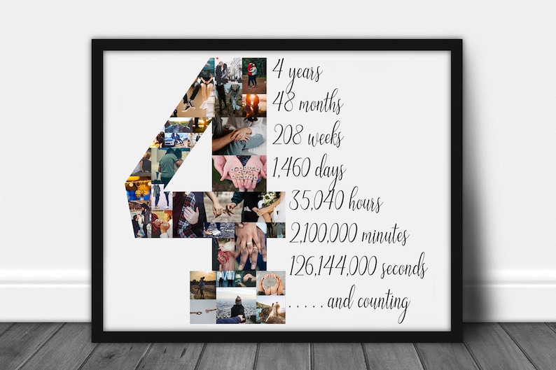 May include: A framed print featuring a collage of photos arranged in the shape of the number four. The print includes text indicating the passage of time: 4 years, 48 months, 208 weeks, and more. The frame is black.