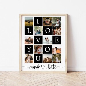 May include: A black and white photo collage with the word "I LOVE YOU" spelled out using photos of a couple. The collage is framed in a light wood frame and has the names "mark" and "kate" written below the photos.