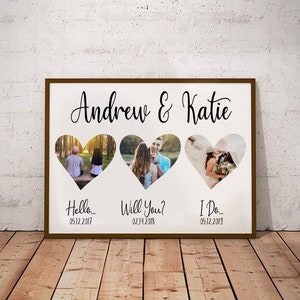 K&ouml;nnte beinhalten: Gerahmter Druck mit drei herzf&ouml;rmigen Ausschnitten, die jeweils ein Foto enthalten. Oben auf dem Rahmen steht "Andrew & Katie" in Schreibschrift. Unter den Fotos stehen die S&auml;tze "Hello...", "Will You?" und "I Do..." mit Daten.