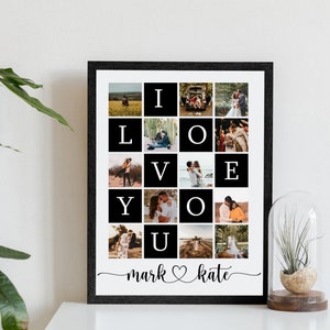 May include: A black framed photo collage with a white background. The collage features 16 photos of a couple in various poses. The photos are arranged in a grid, with the letters "I LOVE YOU" spelled out in large white letters. The names "mark & kate" are written in cursive at the bottom of the collage.