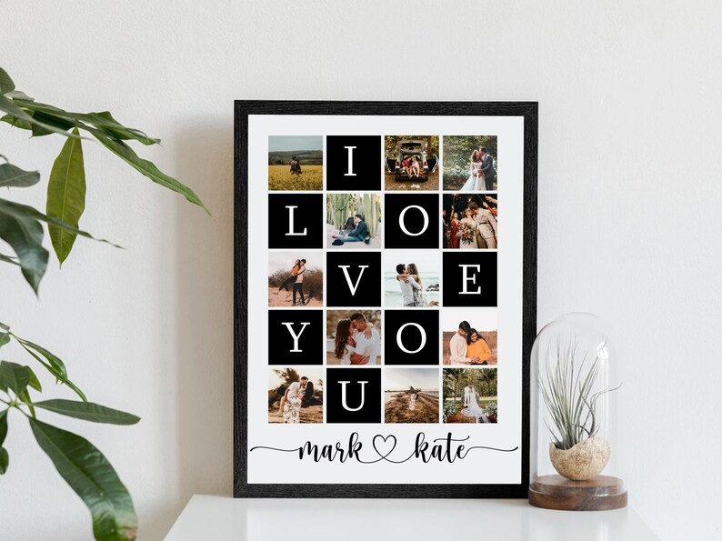 May include: A black framed photo collage with a white background. The collage features 16 photos of a couple in various poses. The photos are arranged in a grid, with the letters "I LOVE YOU" spelled out in large white letters. The names "mark & kate" are written in cursive at the bottom of the collage.