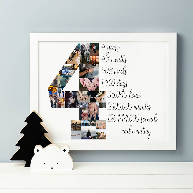 May include: A framed print with a white border, featuring a collage of photos in the shape of the number 4. Text on the print reads "4 years, 48 months, 208 weeks, 1,460 days, 35,040 hours, 2,100,000 minutes, 126,144,000 seconds...and counting."