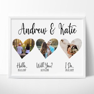 K&ouml;nnte beinhalten: Ein wei&szlig; gerahmter Druck mit drei herzf&ouml;rmigen Fotoausschnitten. Oben auf dem Druck steht "Andrew & Katie" in Schreibschrift. Unter den Fotos stehen die S&auml;tze "Hello...", "Will You?" und "I Do..." mit Daten.