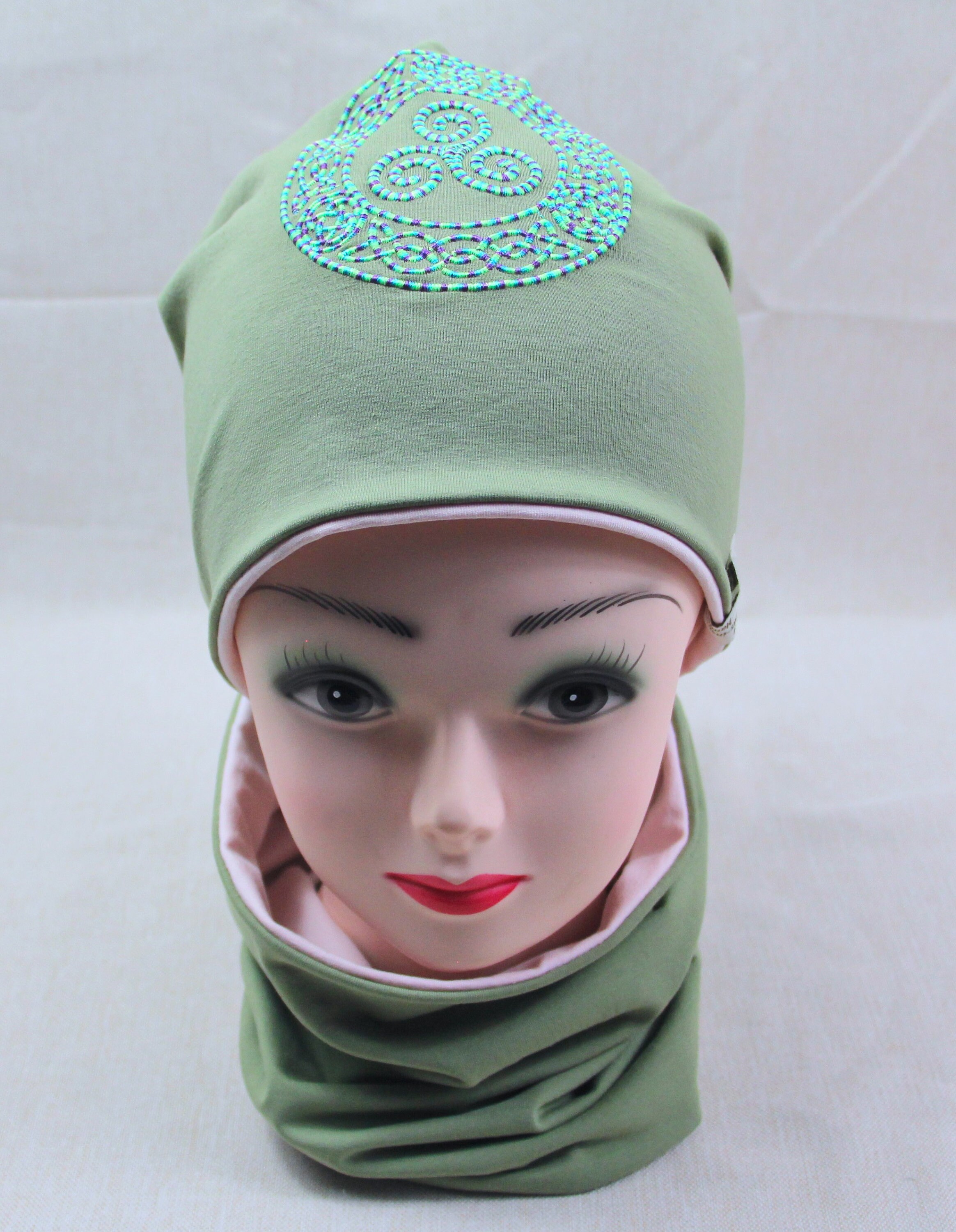 Beanie Hat, Chemo Hat, Triskele, Green, With Own Embroidery