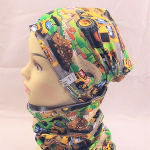 Beanie hat, happy construction vehicles, optionally with loop scarf