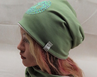 Beanie hat, chemo hat, Yggdrasil, green, with own embroidery, the world tree