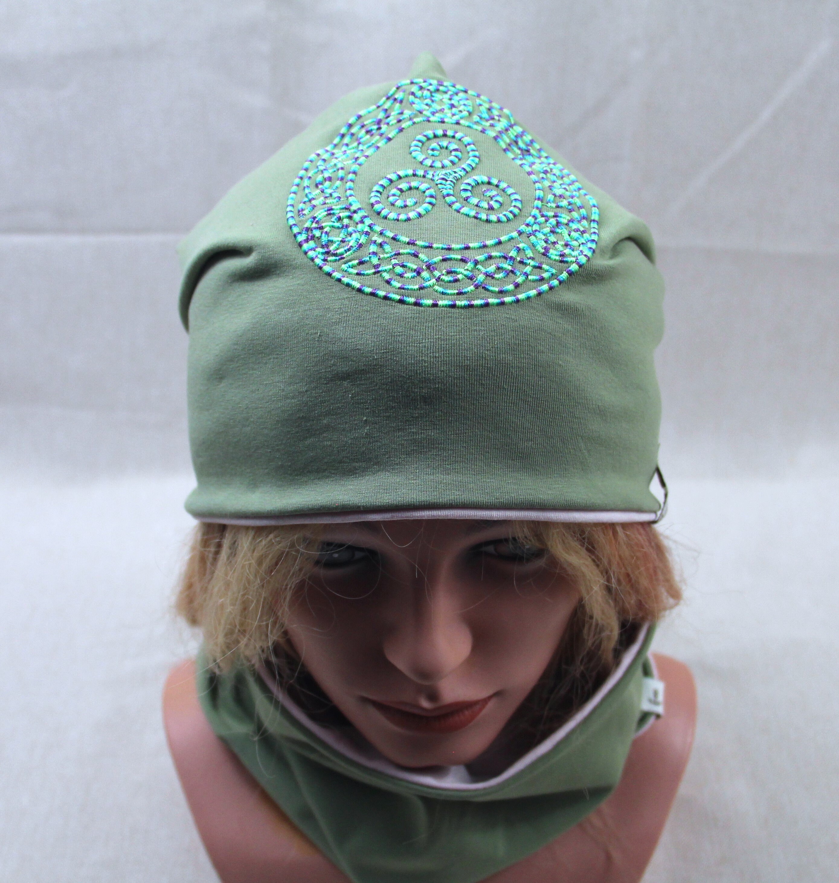 Beanie Hat, Chemo Hat, Triskele, Green, With Own Embroidery