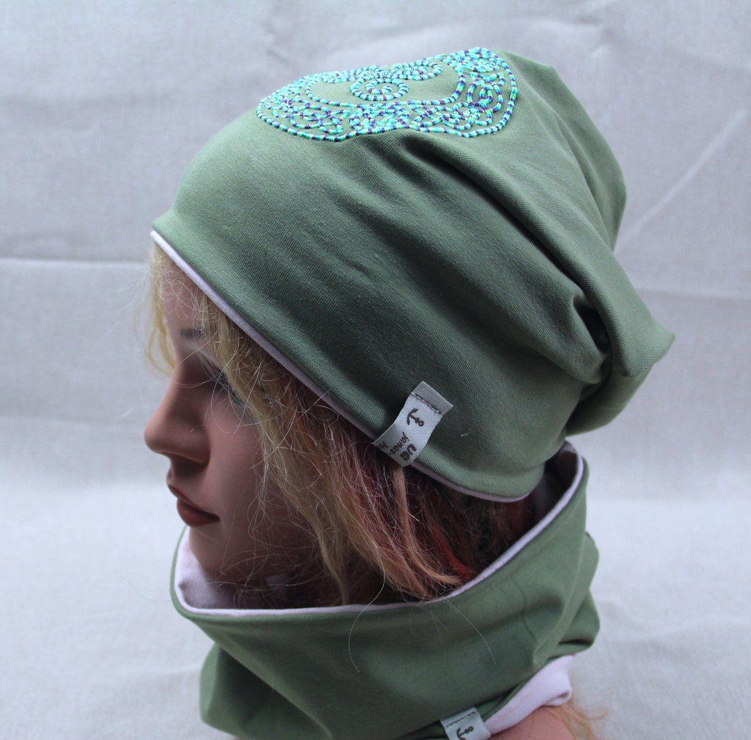 Beanie Hat, Chemo Hat, Triskele, Green, With Own Embroidery