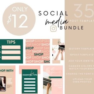 Pacote de mídia social | 35 modelos | Postagens e histórias do Instagram | Design Pêssego e Verde Esmeralda | Feito em Canva