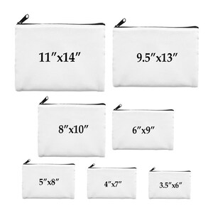 May include: Seven white zippered pouches with black zippers and black text indicating the size of each pouch in inches. The pouches are arranged in three rows, with the largest pouch at the top and the smallest pouch at the bottom.