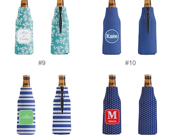 Personalized Navy Grid Bottle Cooler: Zippered Neoprene Can Cooler