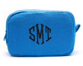 Monogrammed Waffle Weave Toiletry Bag: Cotton Makeup Cosmetic Bag