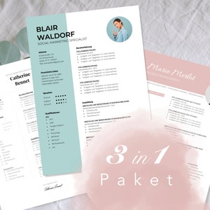 Puede incluir: Tres plantillas de currículum en un paquete 3 en 1. Las plantillas están en un esquema de color azul claro, rosa y blanco. El texto en las plantillas está en alemán.