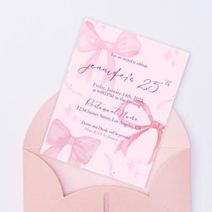 Pink Bow Birthday Invitation - Editable Canva Template | Sweet 16 Invitation | Pink Bday Invitations For Girls | Birthday Invitation Card